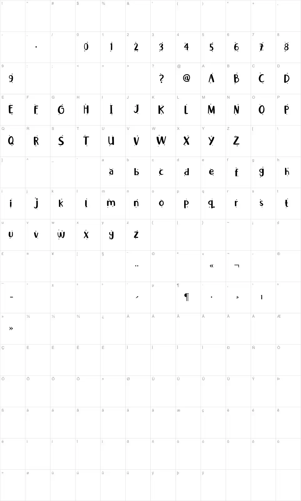Mapa de caracteres da fonte Little Santa Flake