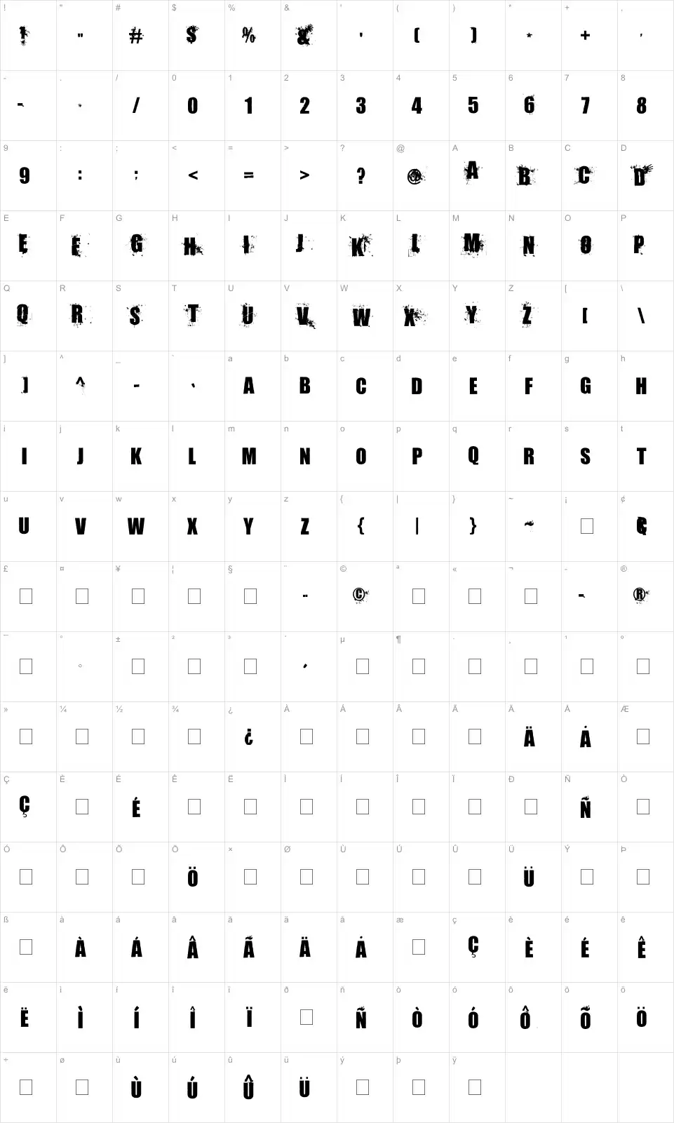 Mapa de caracteres da fonte Living Hell