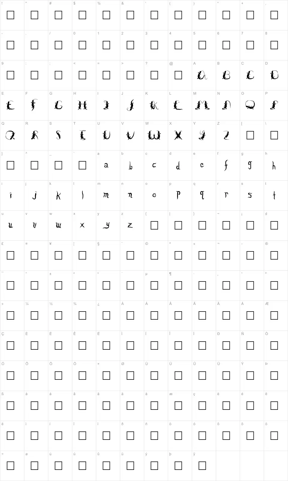 Mapa de caracteres da fonte Lizzard