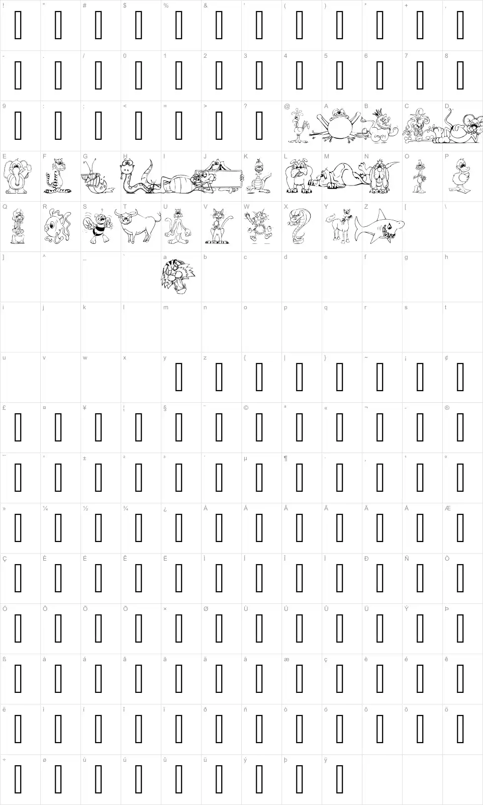 Mapa de caracteres da fonte LM Animal Toons
