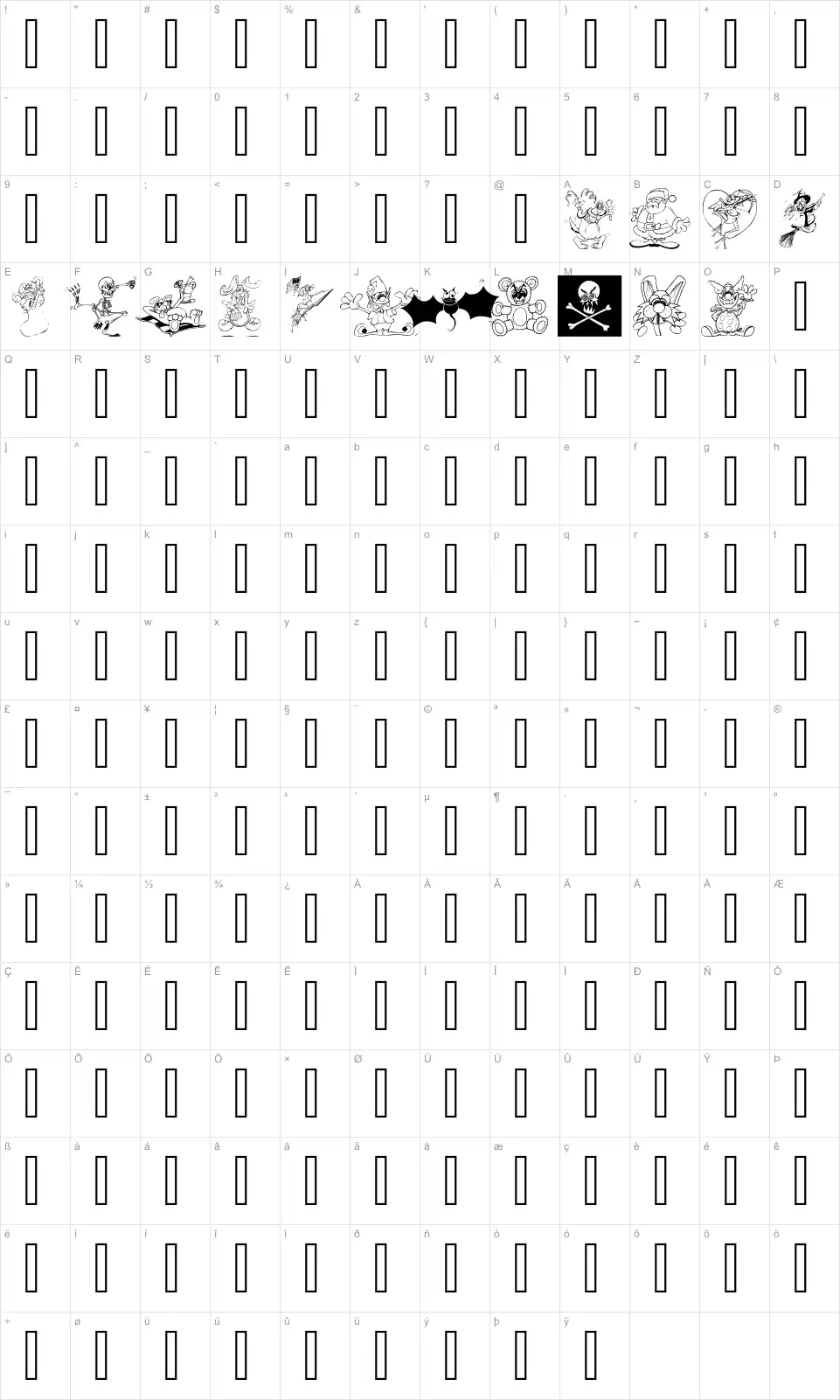 Mapa de caracteres da fonte LM Holiday Toons