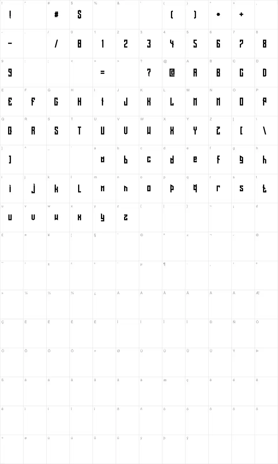 Mapa de caracteres da fonte Long Shot