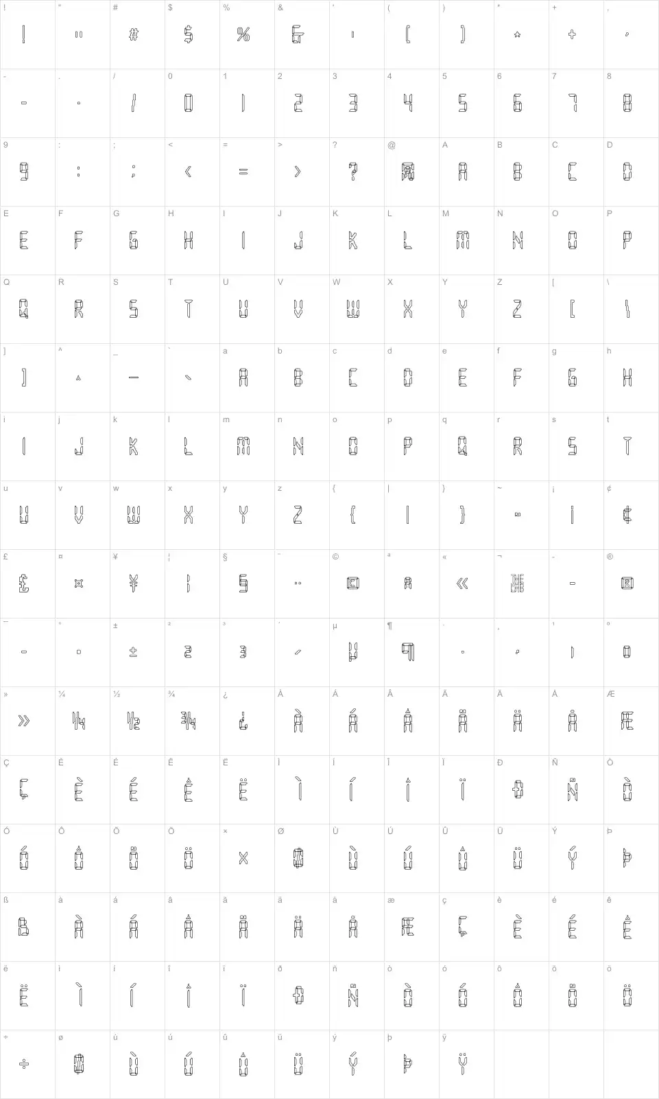 Mapa de caracteres da fonte Loopy