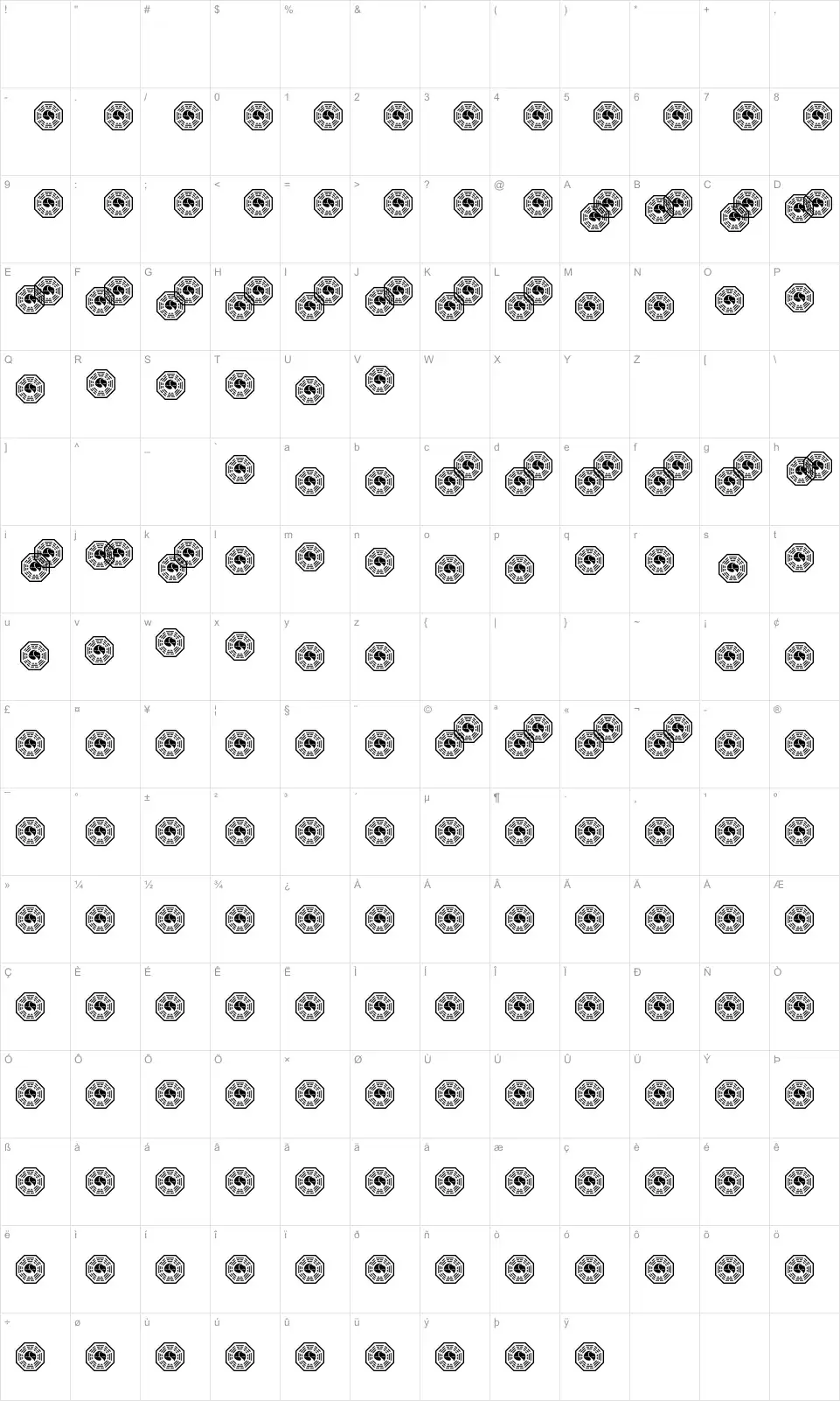 Mapa de caracteres da fonte Lost Font