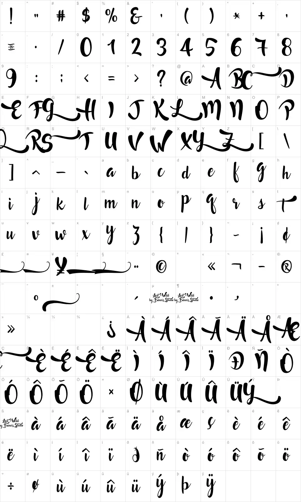 Mapa de caracteres da fonte Lost in Wild