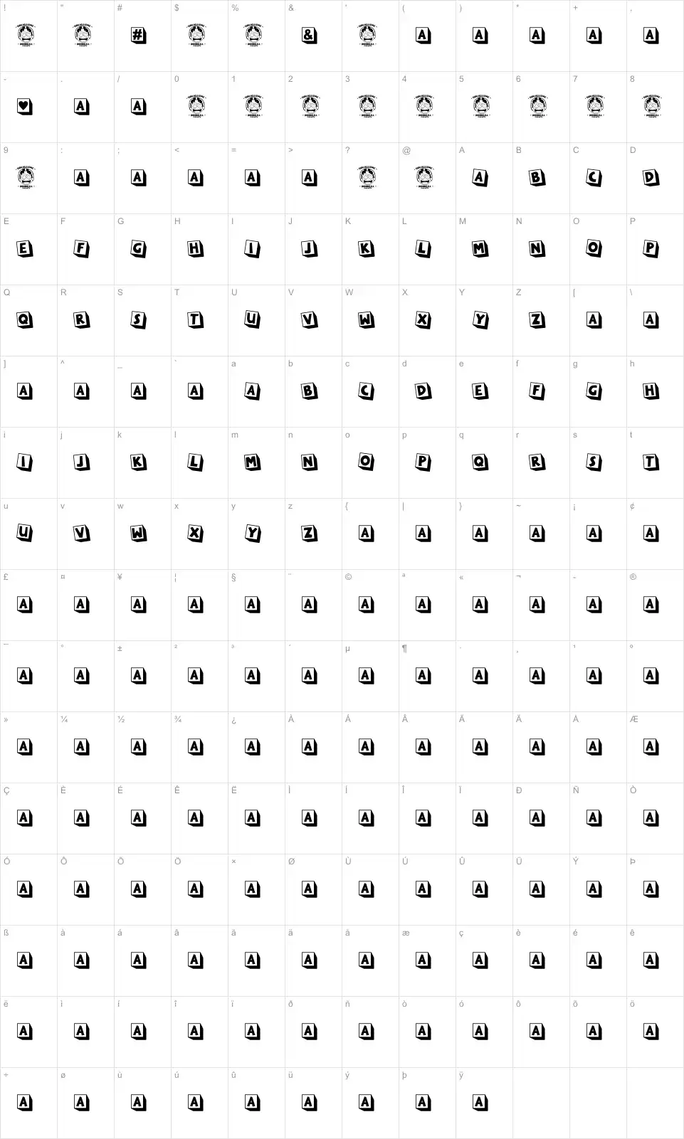 Mapa de caracteres da fonte Love You