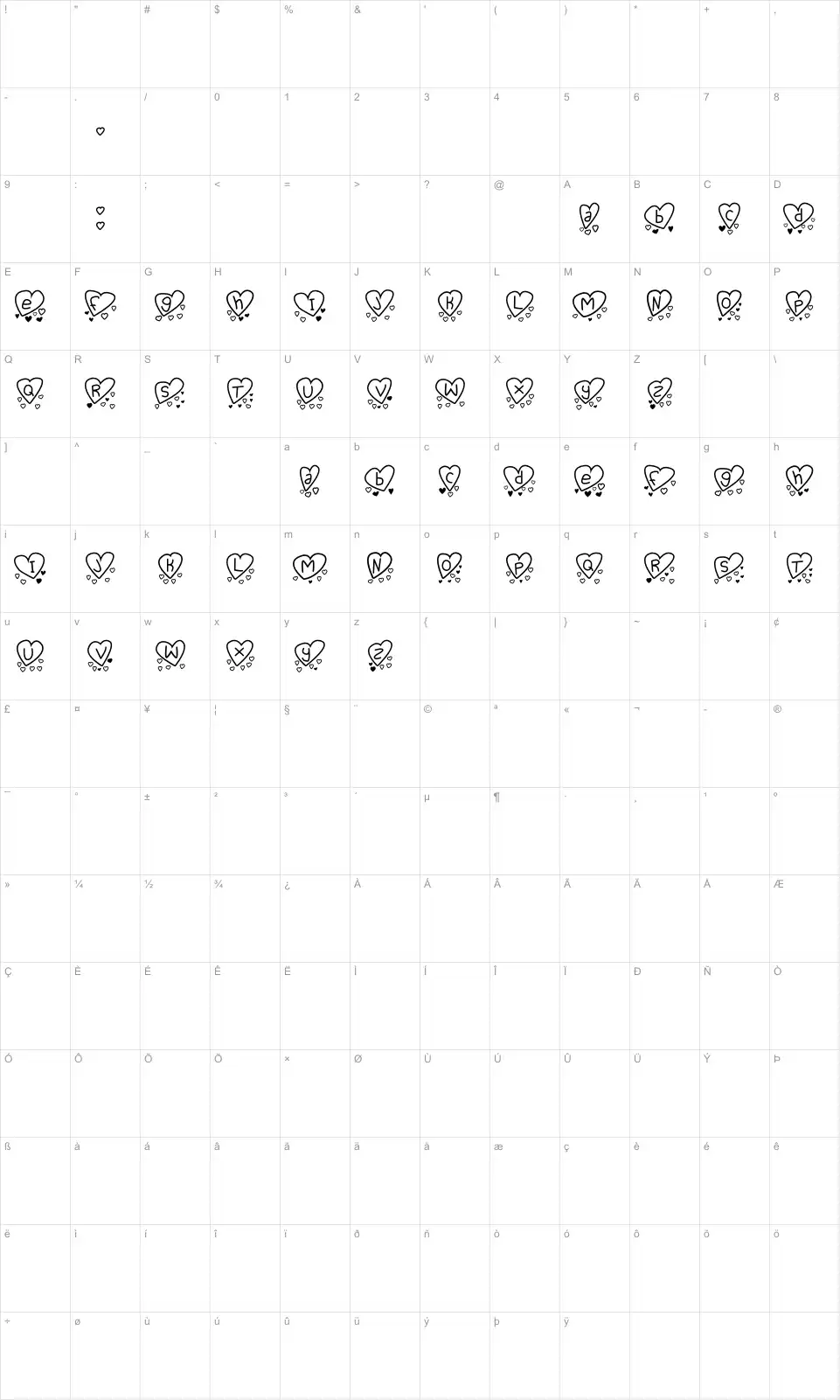 Mapa de caracteres da fonte Love you too TFB