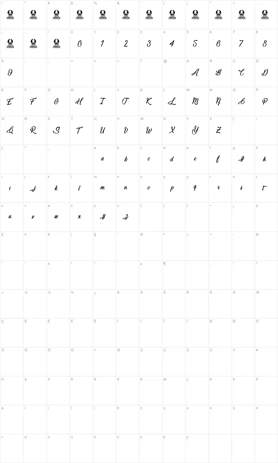 Mapa de caracteres da fonte Lovely Quotes