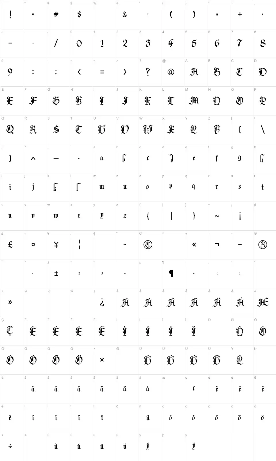 Mapa de caracteres da fonte Lyric Poetry