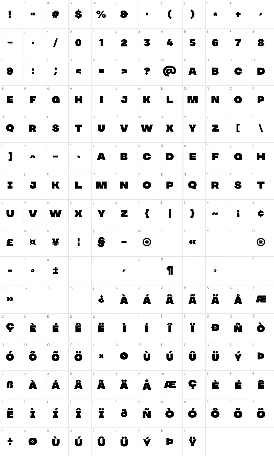 Mapa de caracteres da fonte MADE Soulmaze
