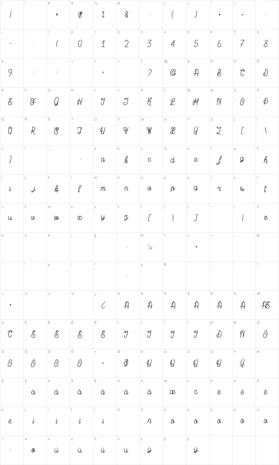 Mapa de caracteres da fonte Magic Bean Salade