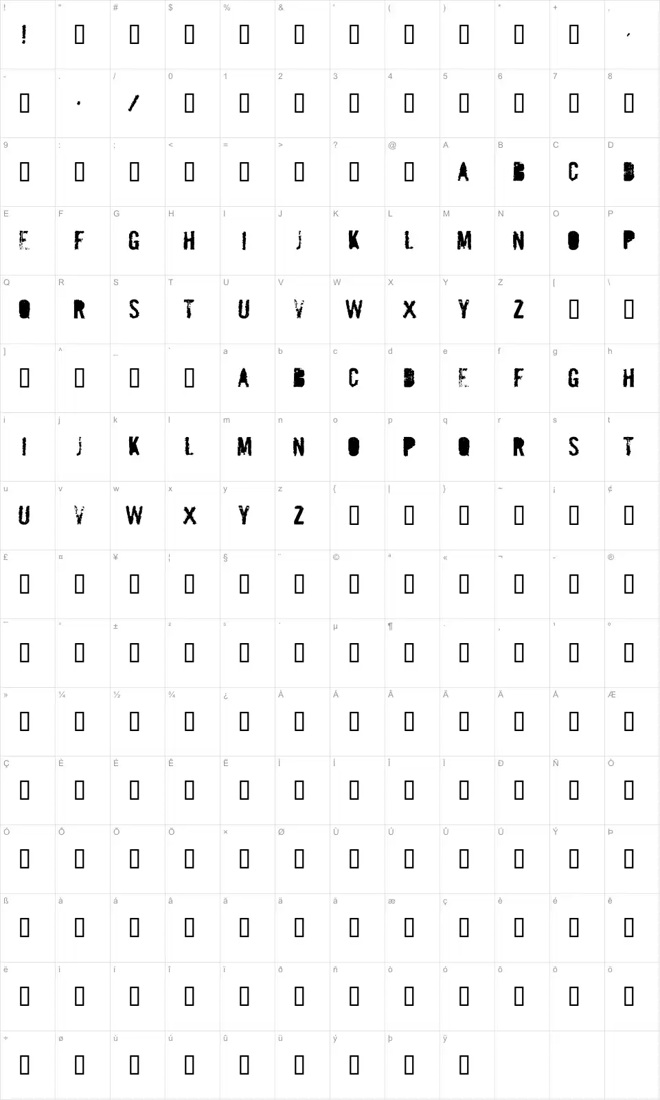 Mapa de caracteres da fonte Mailbomb