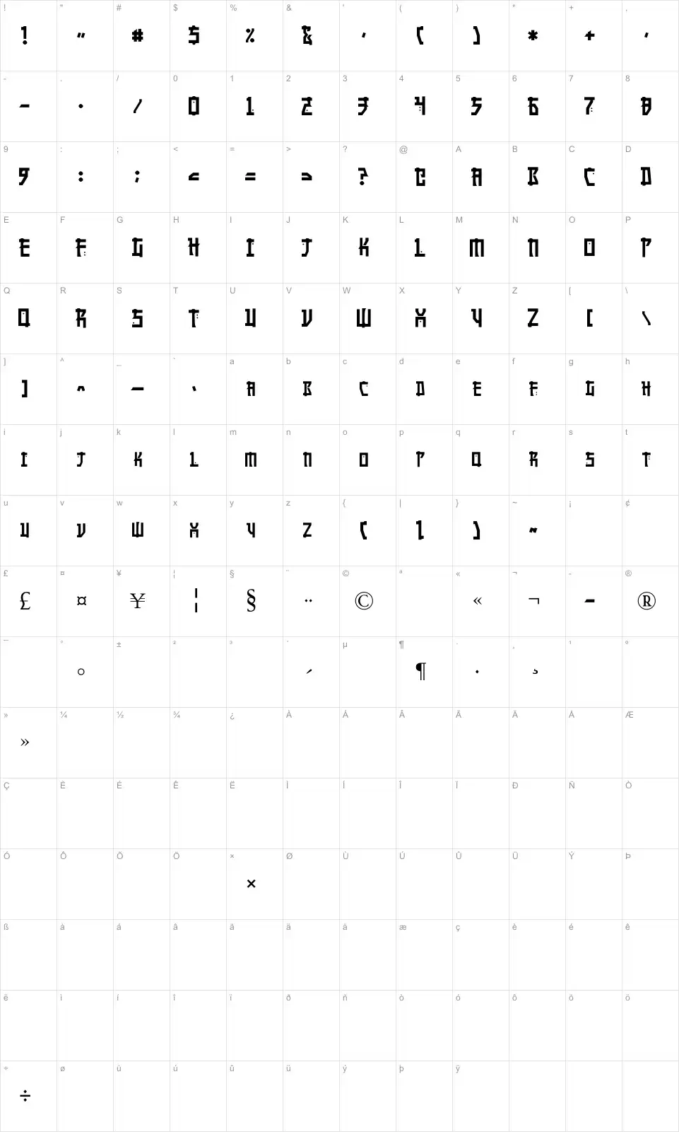 Mapa de caracteres da fonte Manga