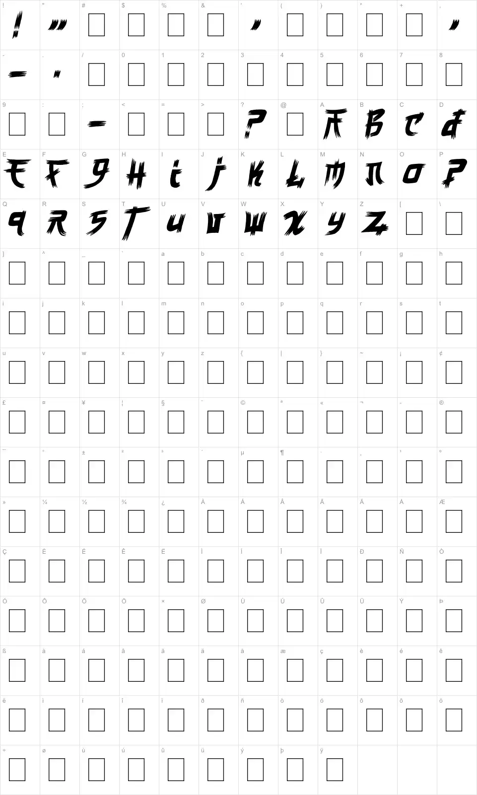 Mapa de caracteres da fonte Manga Style