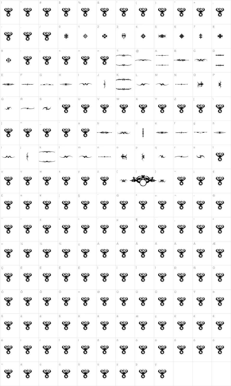 Mapa de caracteres da fonte Marquis De Sade Ornaments