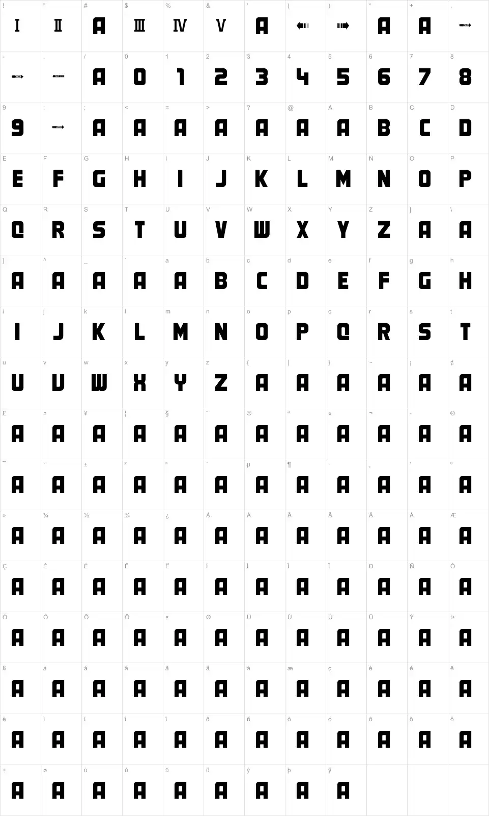 Mapa de caracteres da fonte Marty