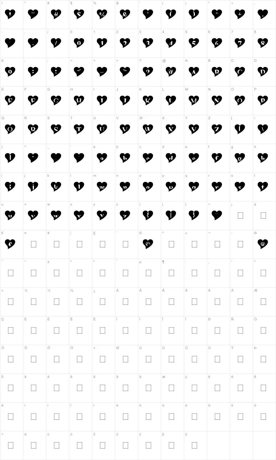 Mapa de caracteres da fonte Mashy Valentine