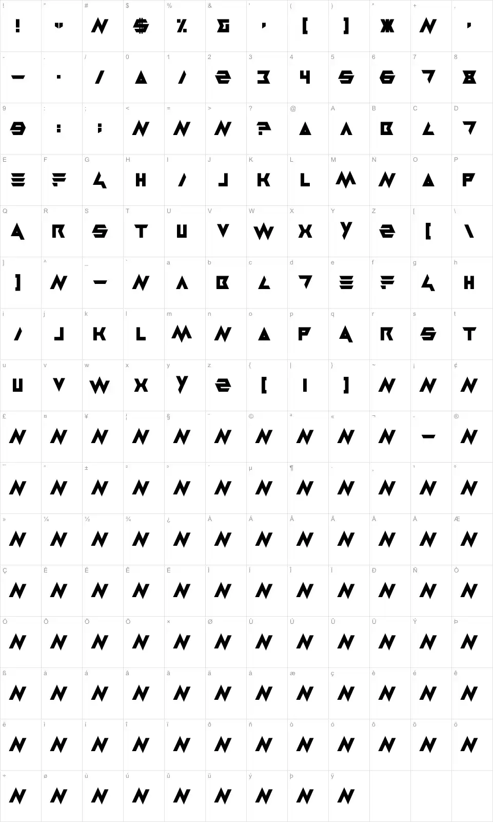 Mapa de caracteres da fonte Masterblast