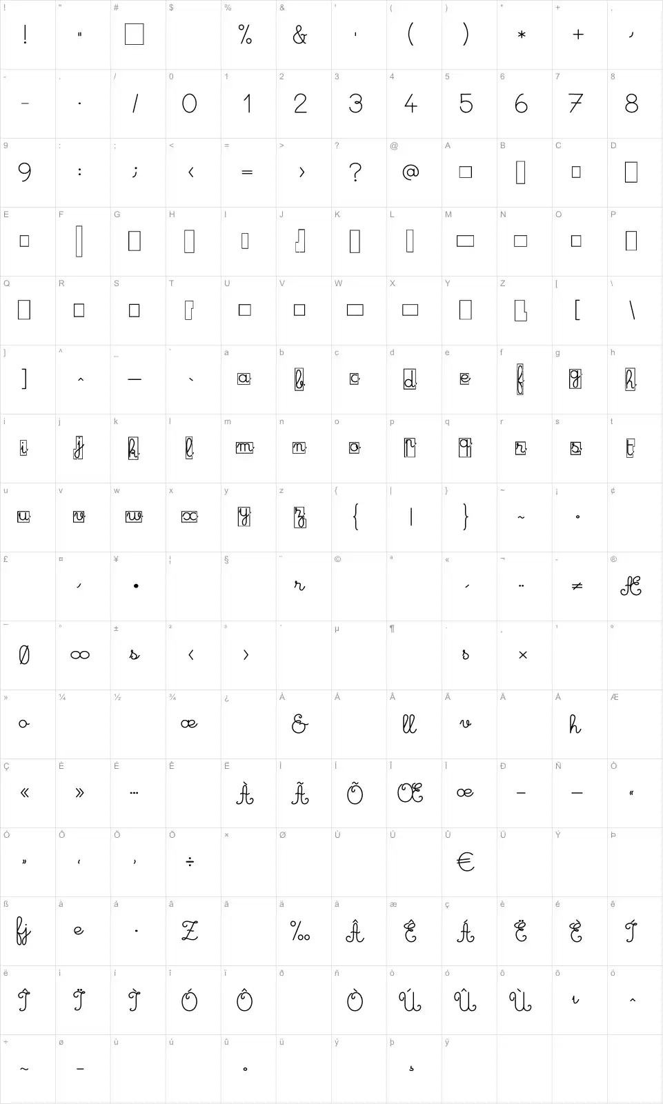 Mapa de caracteres da fonte Maternellecolor Cursive Case