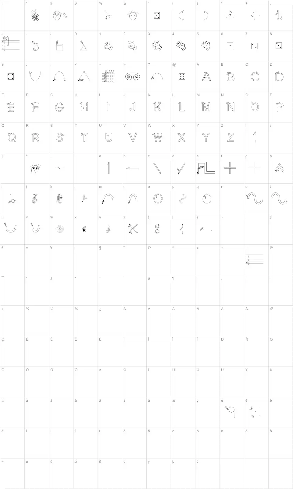 Mapa de caracteres da fonte Maternellecolor Graphisme