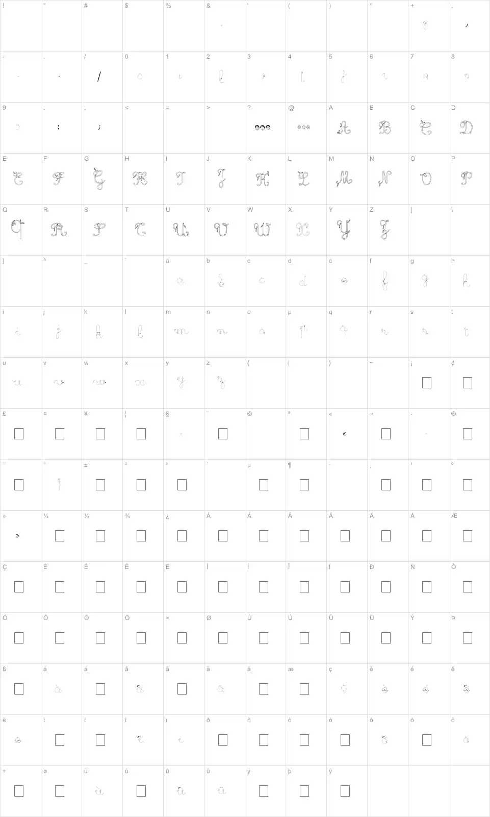 Mapa de caracteres da fonte Maternellecolor Trace Cursive