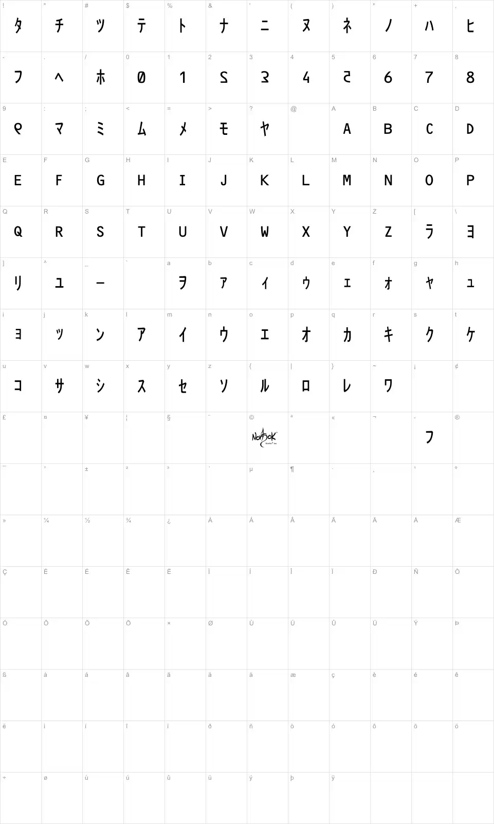 Mapa de caracteres da fonte Matrix Code NFI