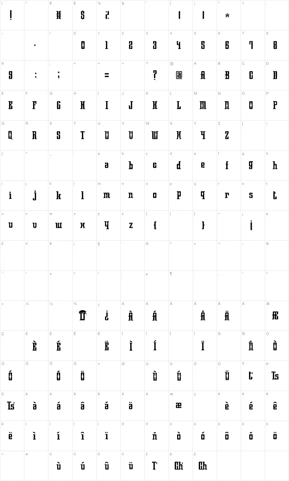 Mapa de caracteres da fonte Mayan Square