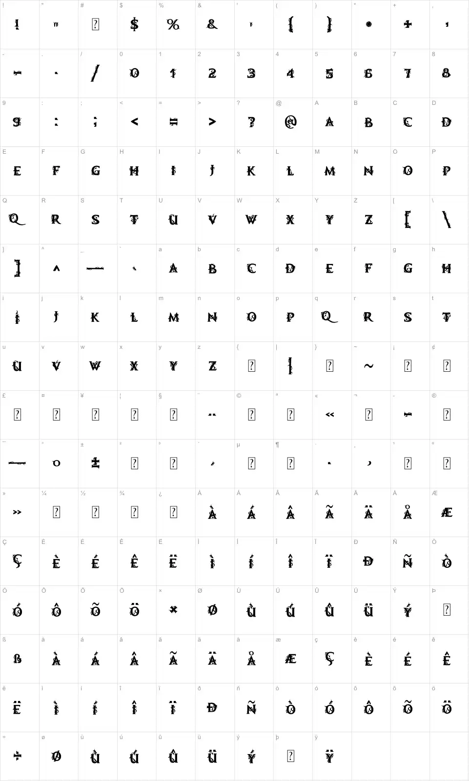 Mapa de caracteres da fonte MB Demonic Tale