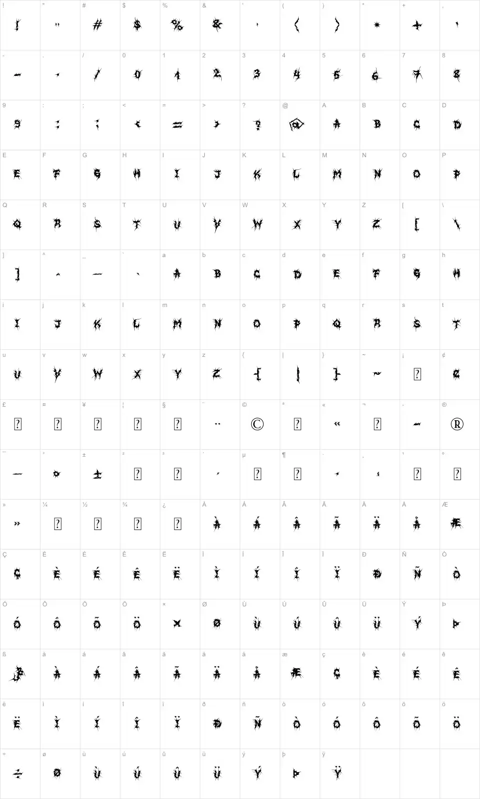 Mapa de caracteres da fonte MB Evil Ghost