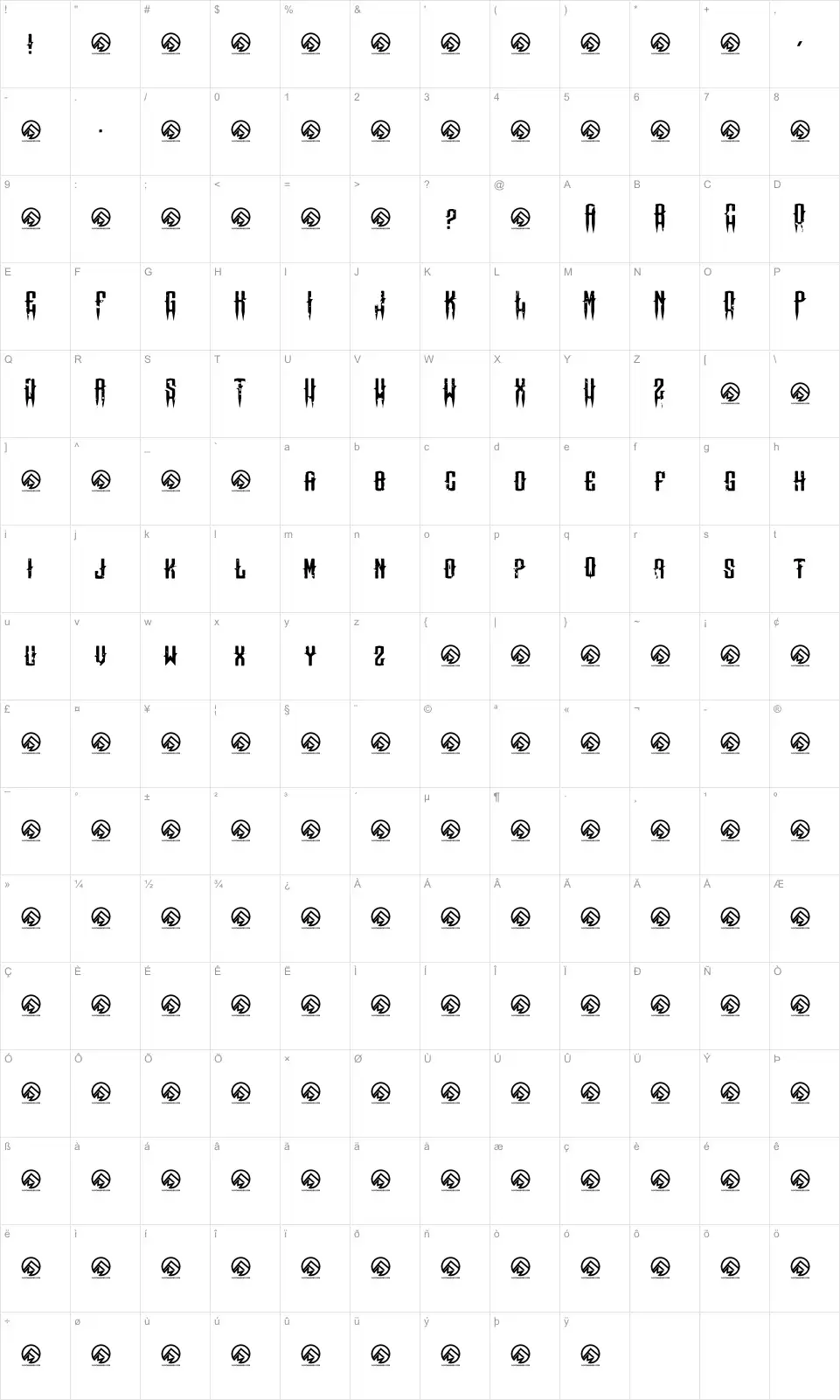 Mapa de caracteres da fonte Means of malice