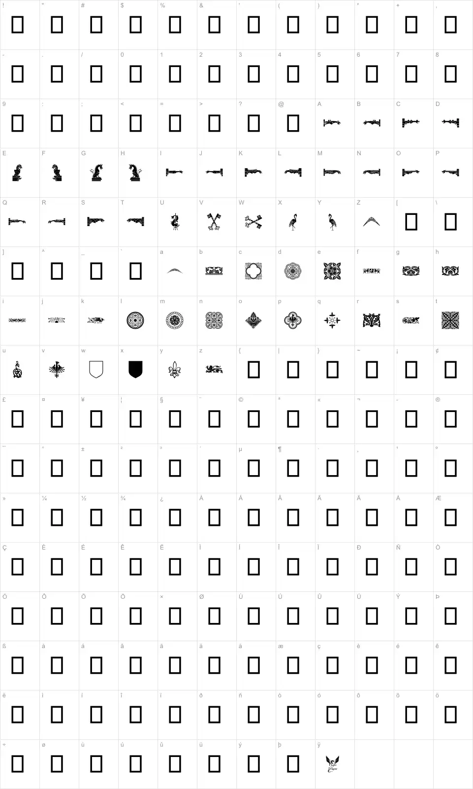 Mapa de caracteres da fonte Medieval Dingbats
