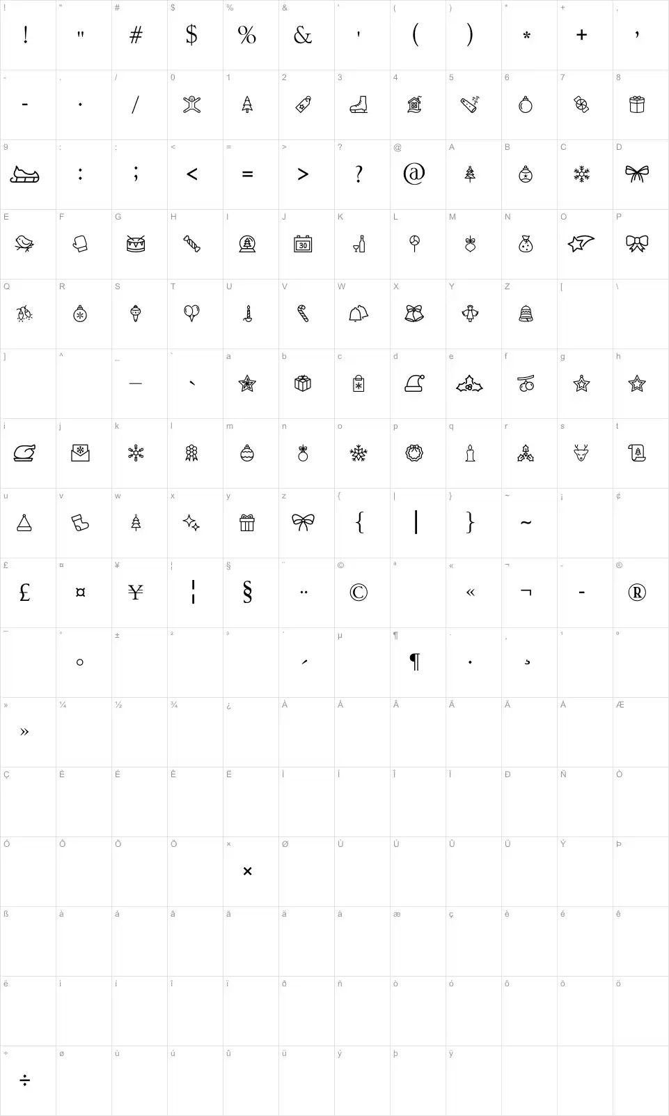 Mapa de caracteres da fonte Merry Christmas Go