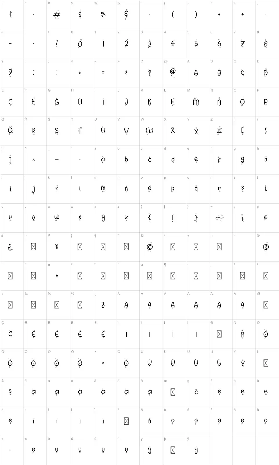 Mapa de caracteres da fonte Merry Sugar Snow