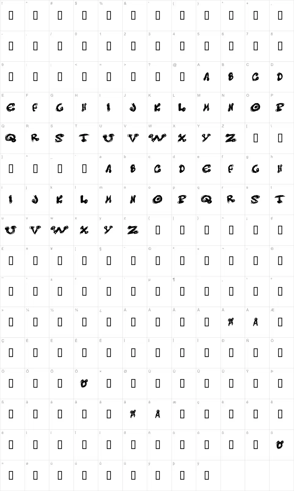 Mapa de caracteres da fonte Messy Dots