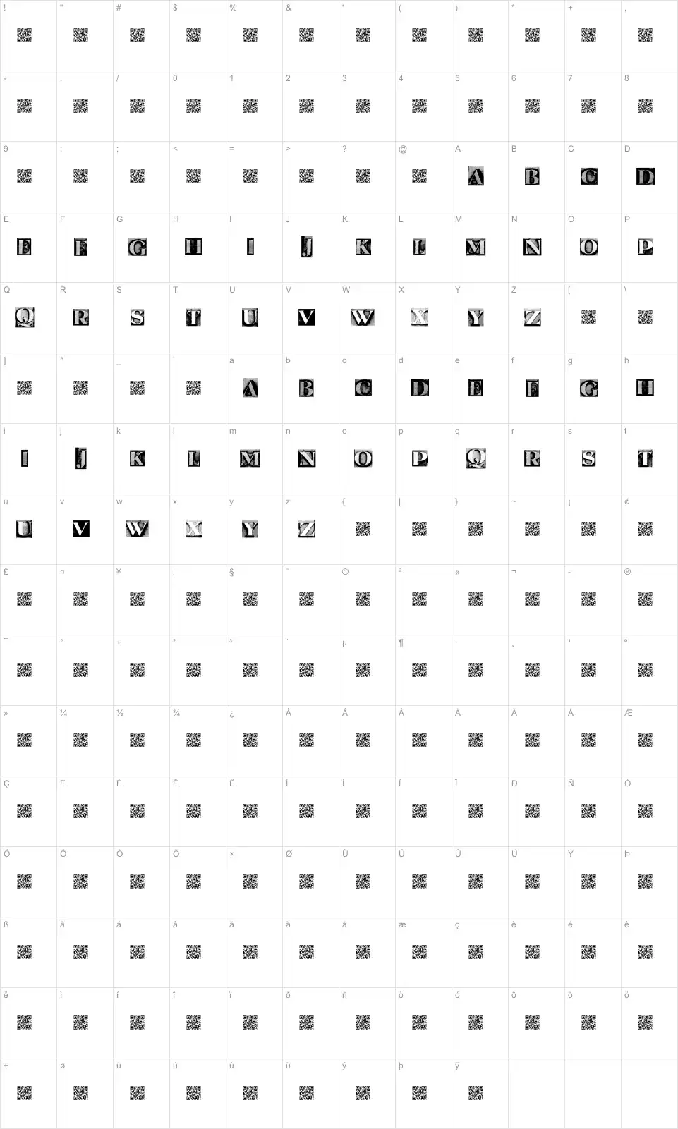 Mapa de caracteres da fonte Metal Block Serif