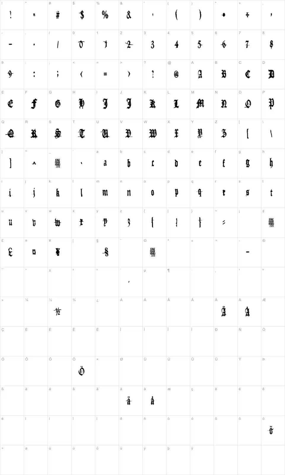 Mapa de caracteres da fonte Metamorphose Requiem