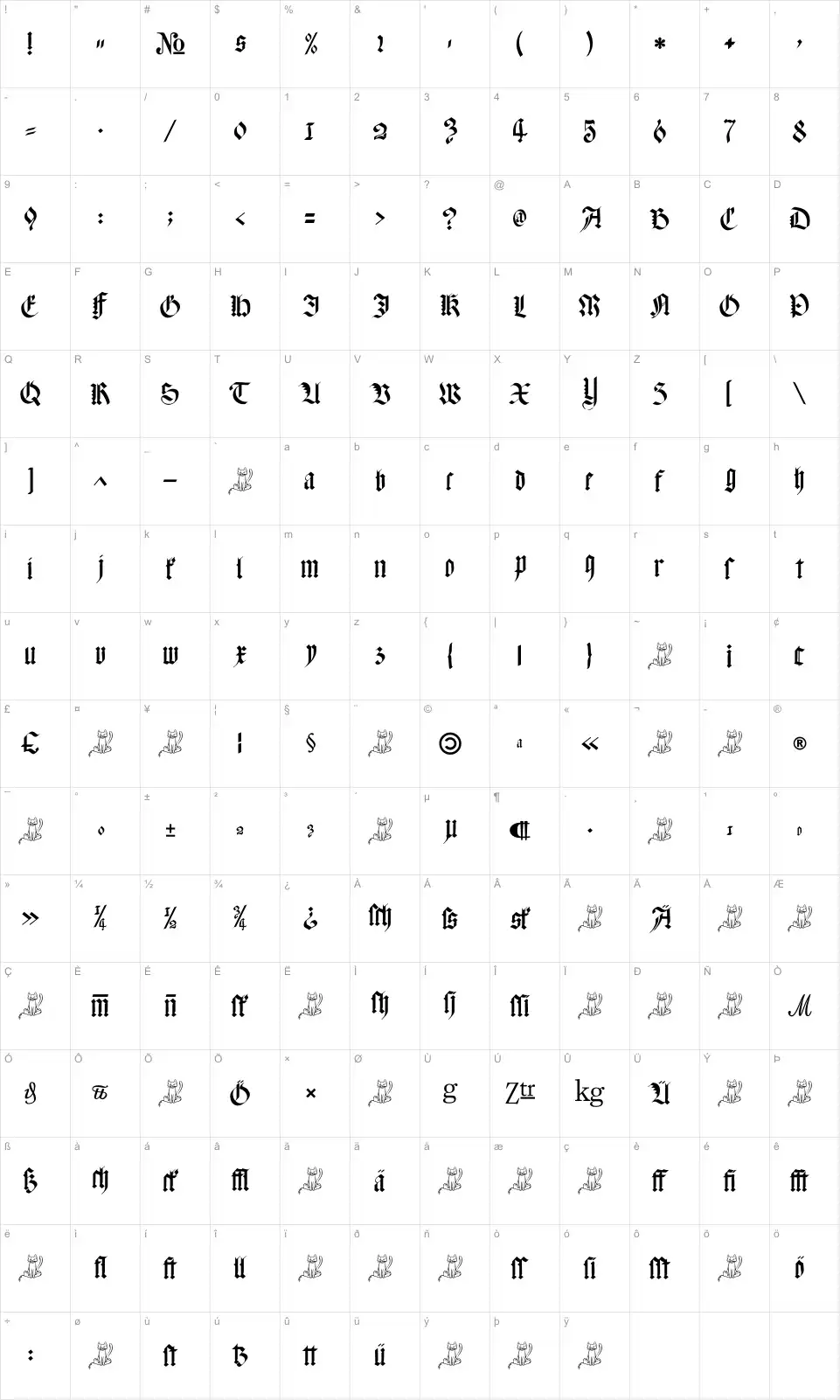 Mapa de caracteres da fonte Meyne Textur