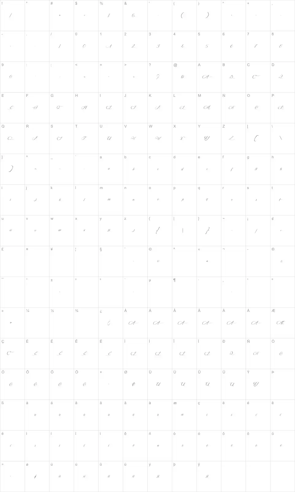 Mapa de caracteres da fonte Midnight Legend