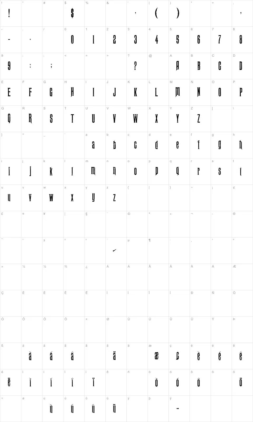 Mapa de caracteres da fonte Midnight Moon
