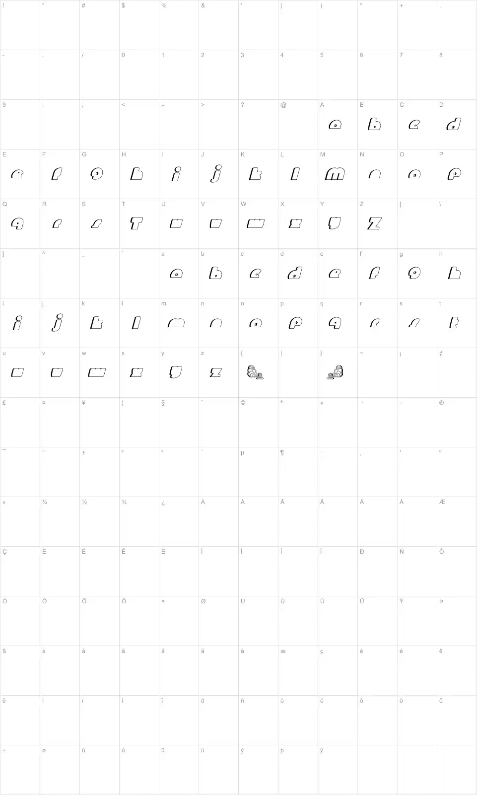 Mapa de caracteres da fonte Mighty Gizmo