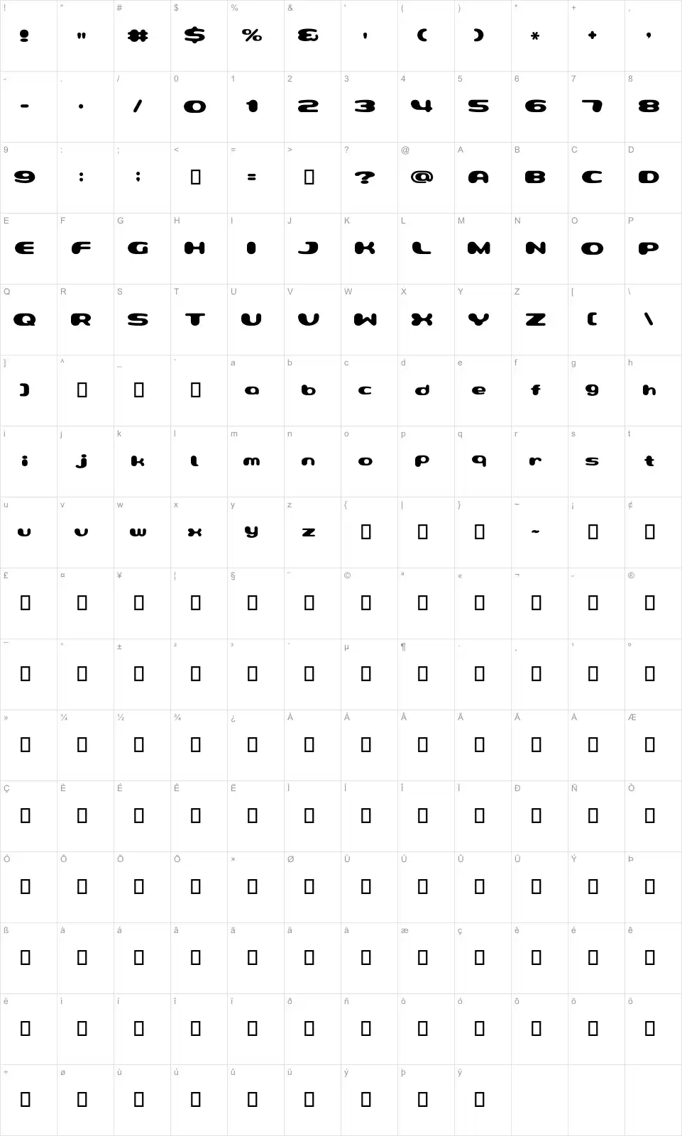 Mapa de caracteres da fonte Milky Well