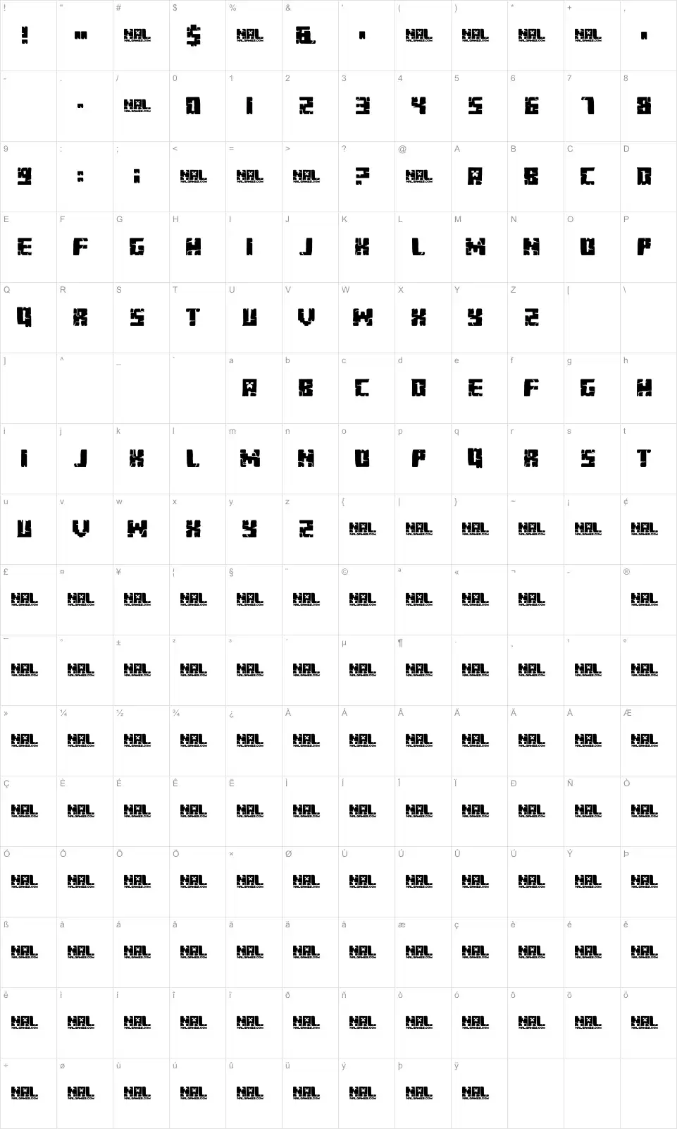 Mapa de caracteres da fonte Minecraft Evenings