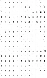 Mapa de caracteres da fonte Mirage Gothic