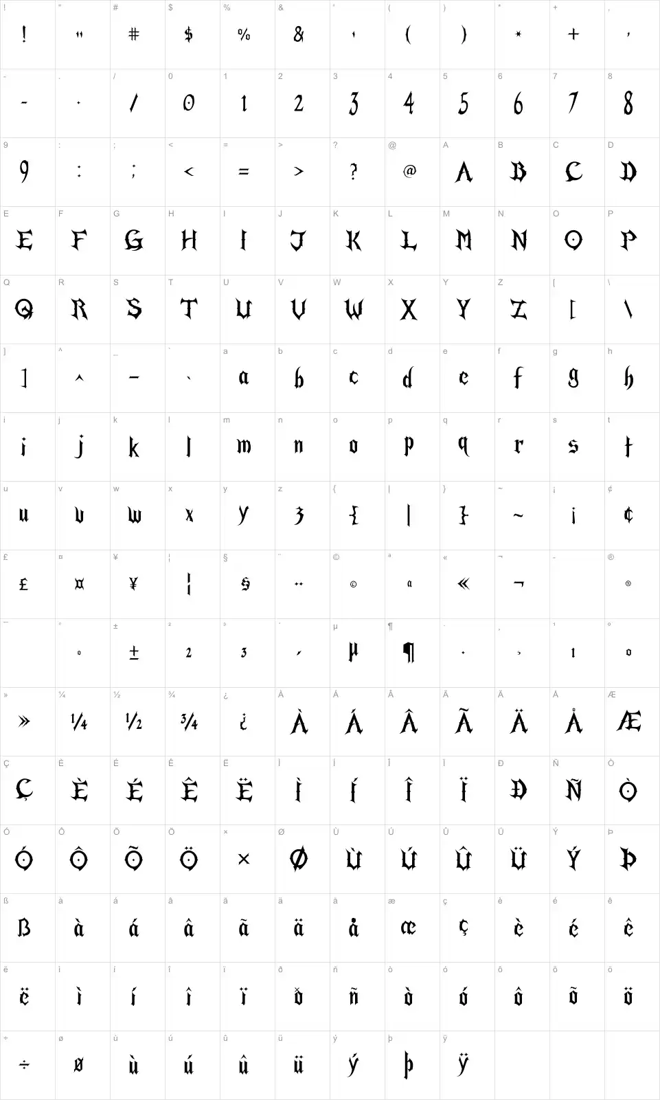 Mapa de caracteres da fonte Mirage Gothic