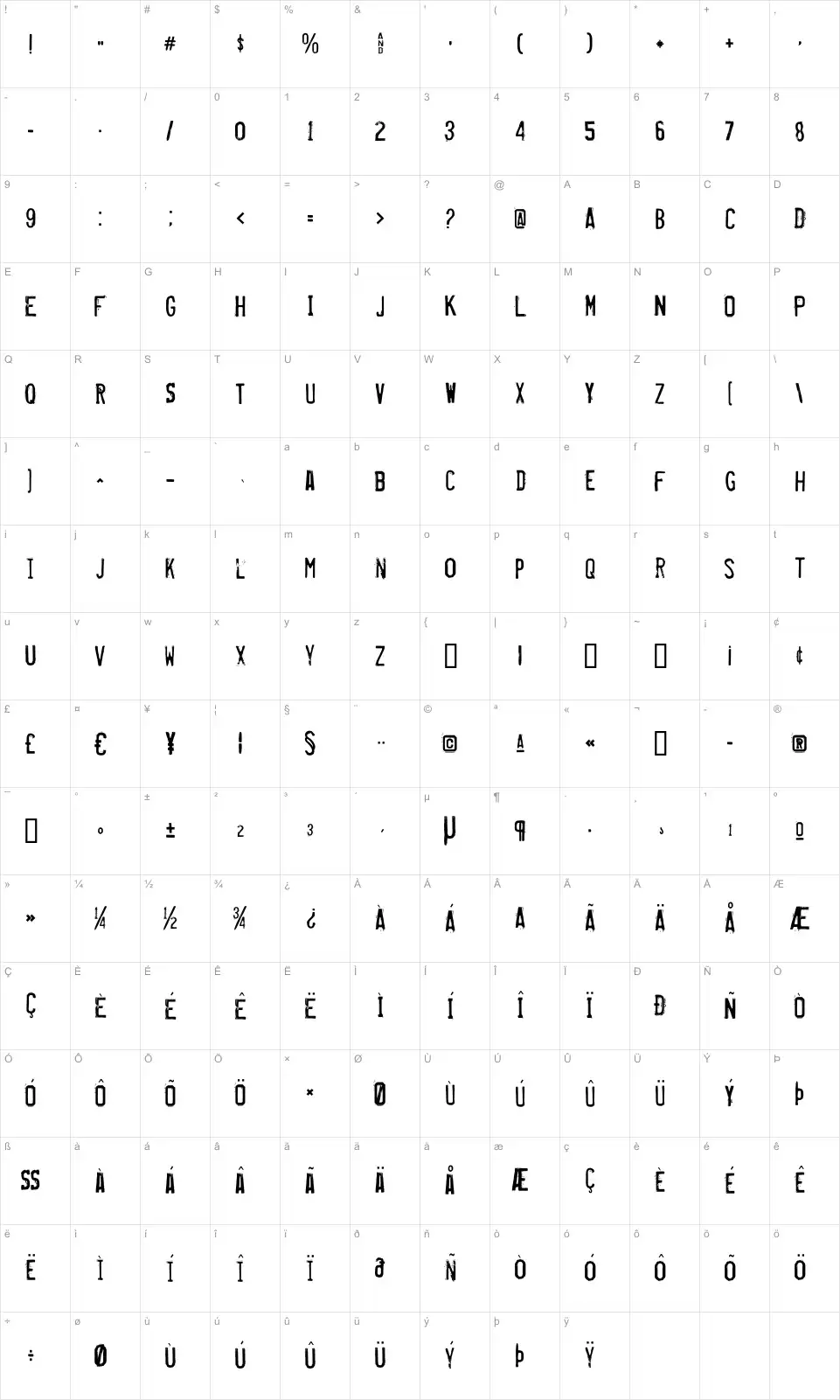 Mapa de caracteres da fonte Misproject