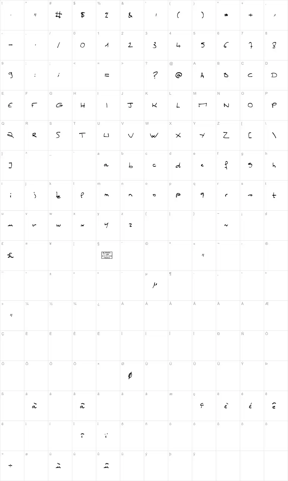 Mapa de caracteres da fonte Miss Claude