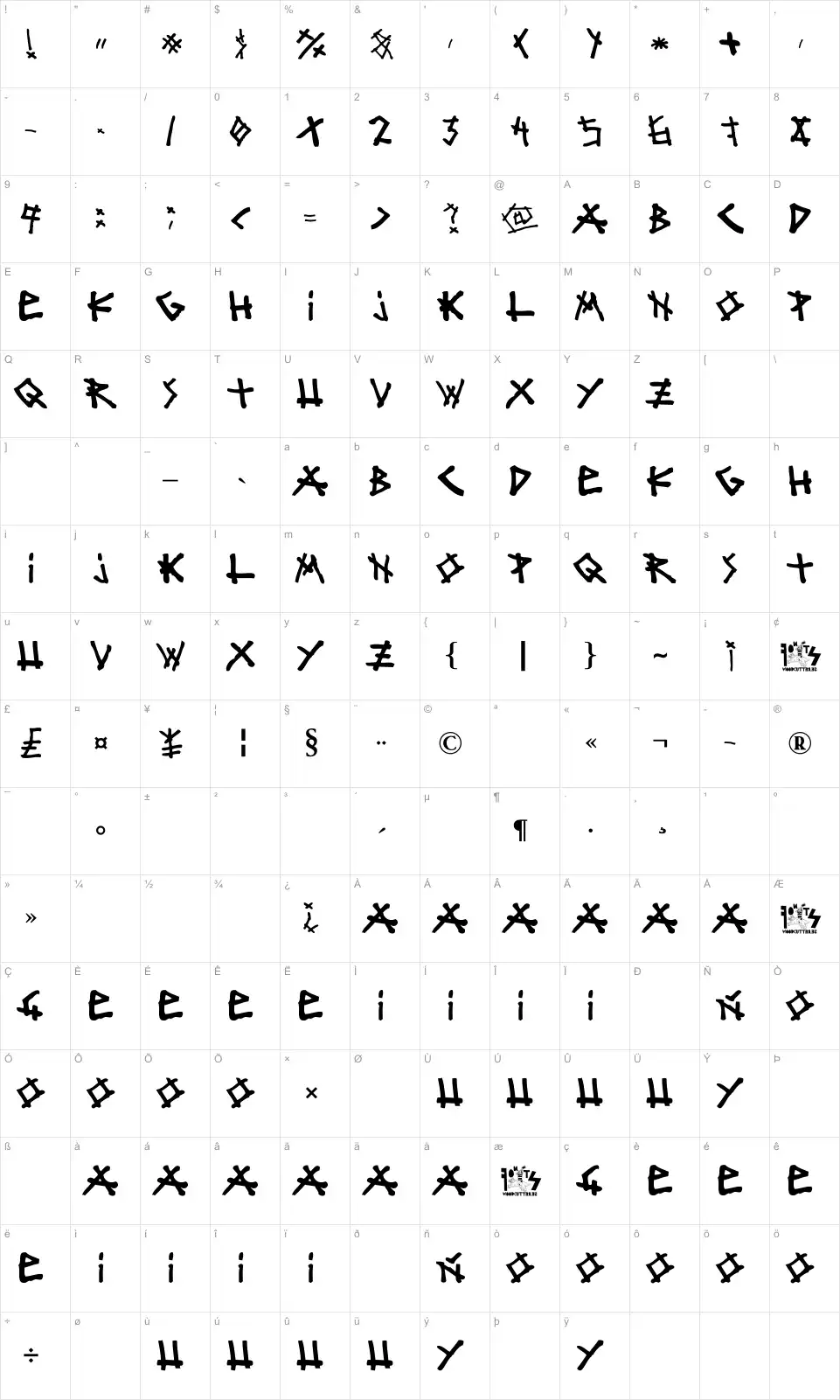 Mapa de caracteres da fonte Mister Bambu