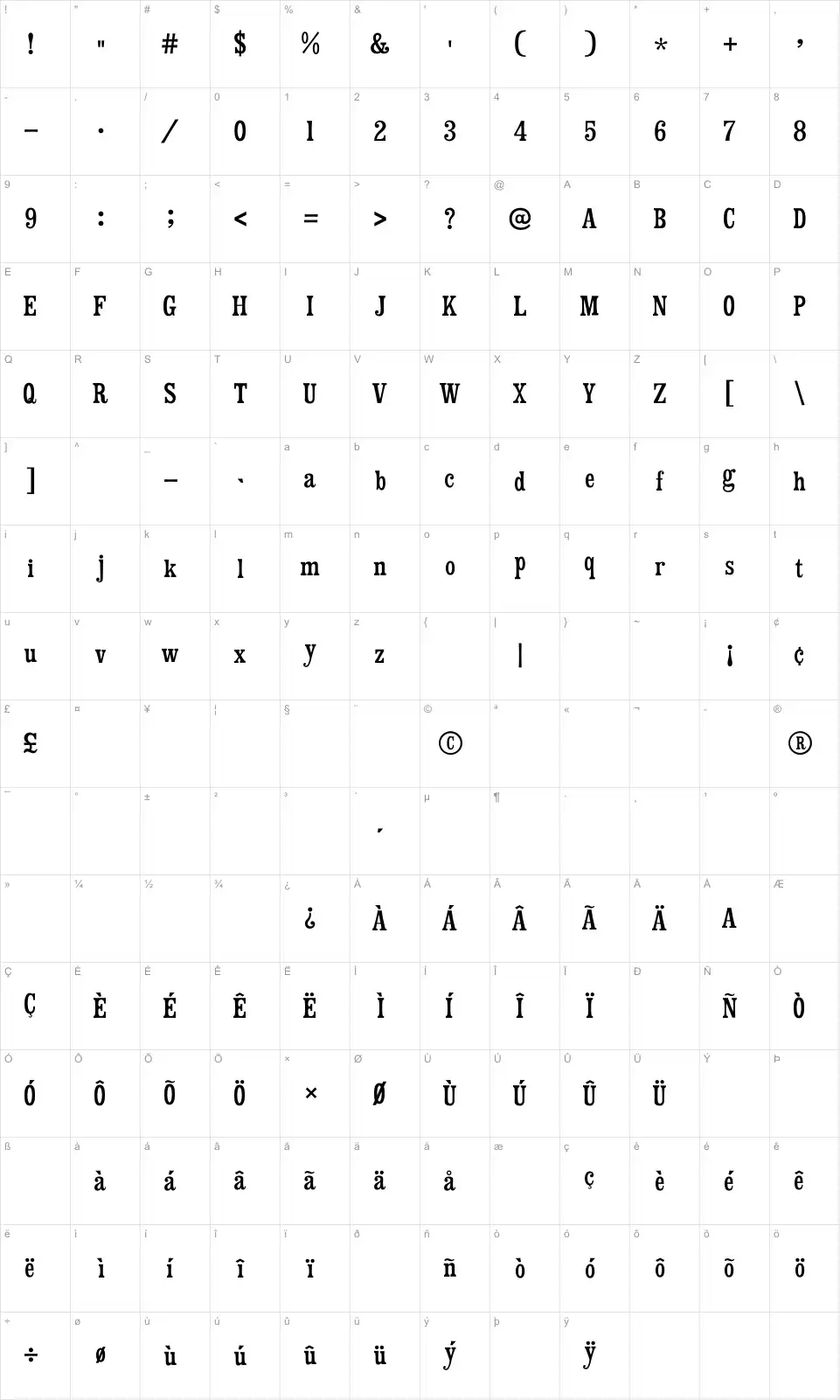 Mapa de caracteres da fonte Mister Sinatra