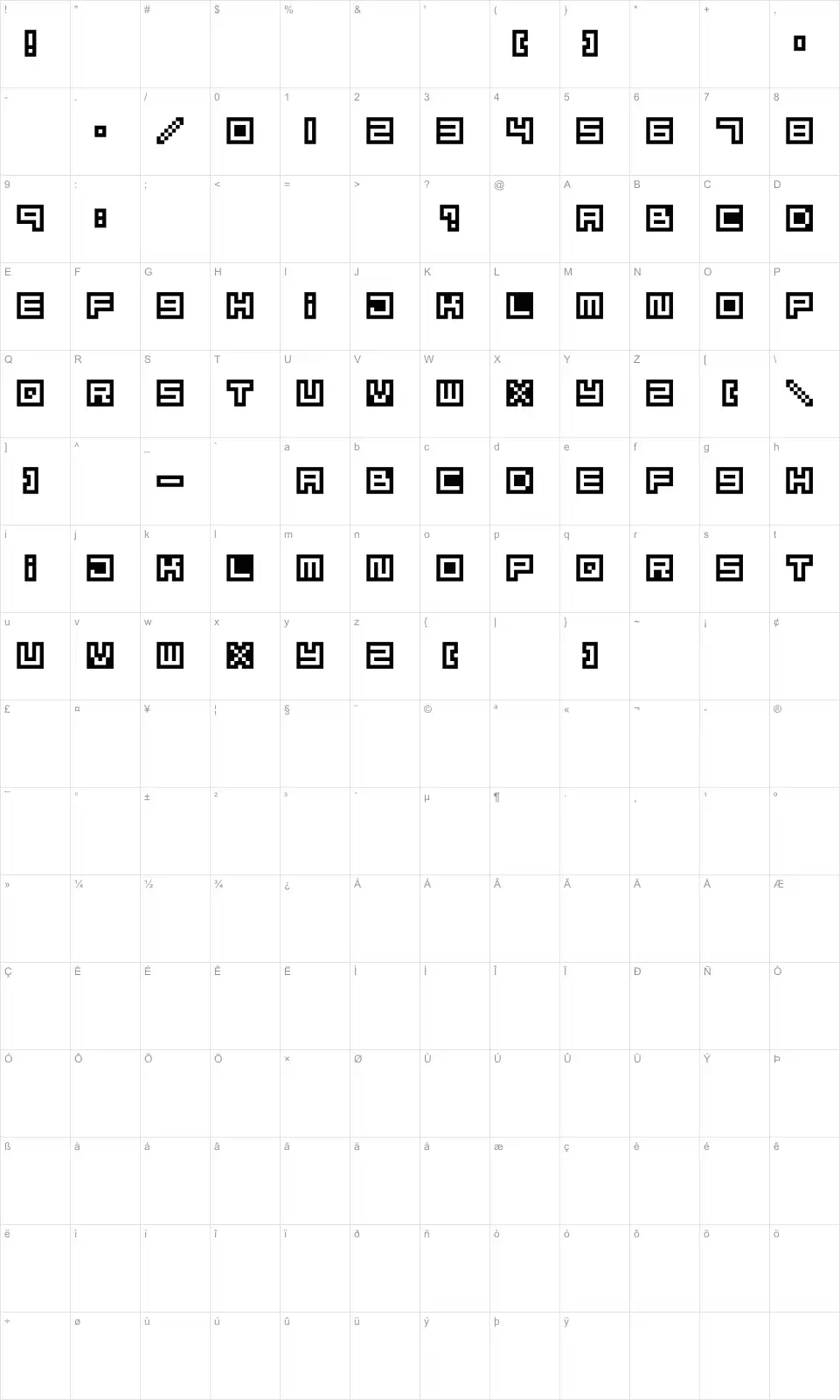 Mapa de caracteres da fonte Mizu Font Alphabet