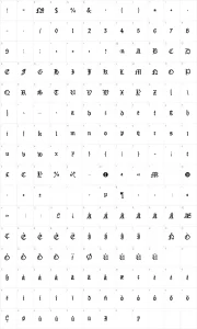 Mapa de caracteres da fonte Mon Amour Fraktur Broken